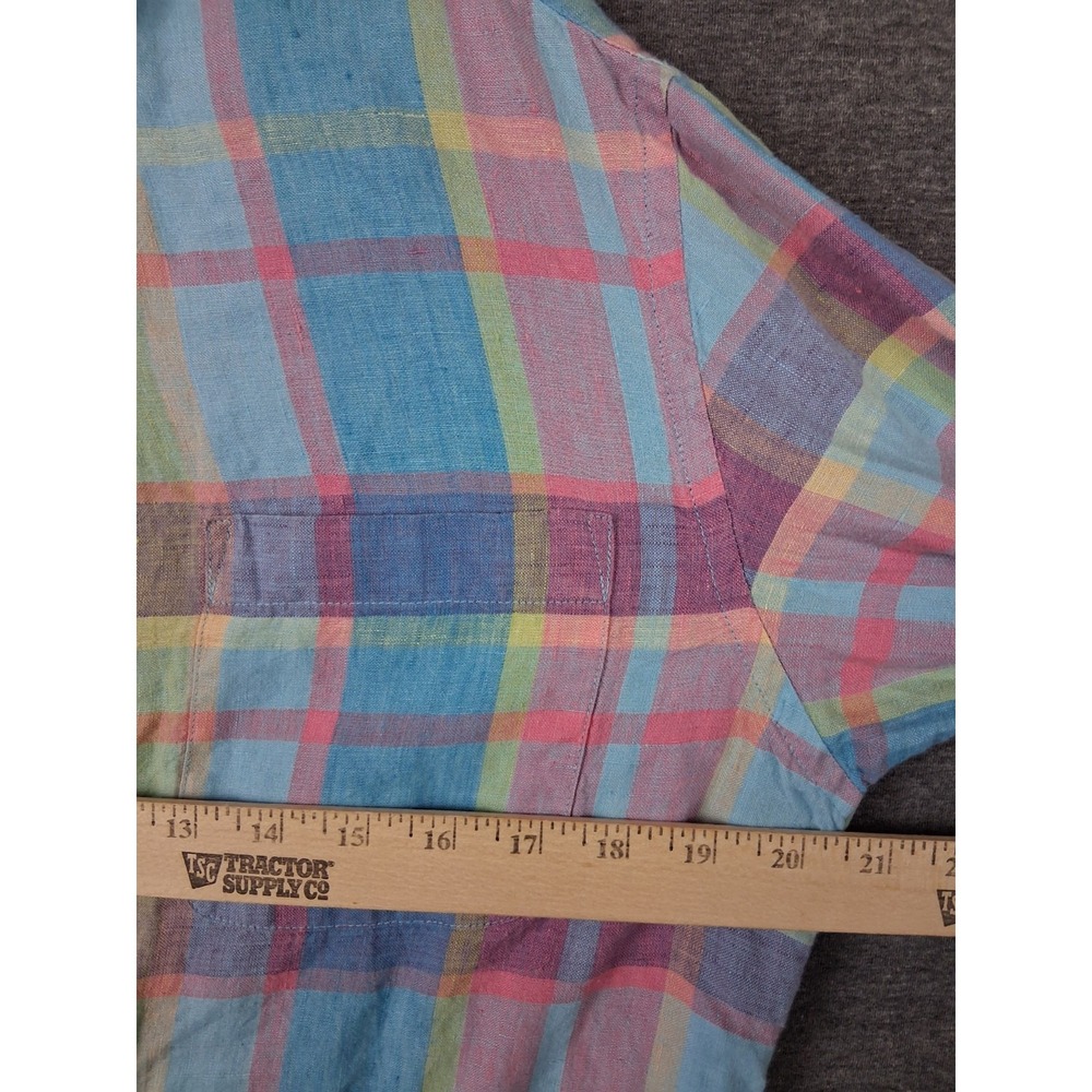 Jones New York Womens Shirt S Blue Pink Pastel Plaid 100% Linen Coastal Resort - Picture 4 of 7